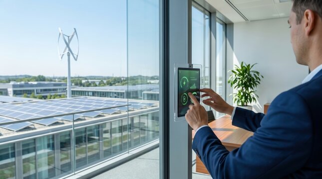 Man controlling smart home energy system on tablet, sustainable green technology concept with solar panels and wind turbine visible outside window, modern office automation