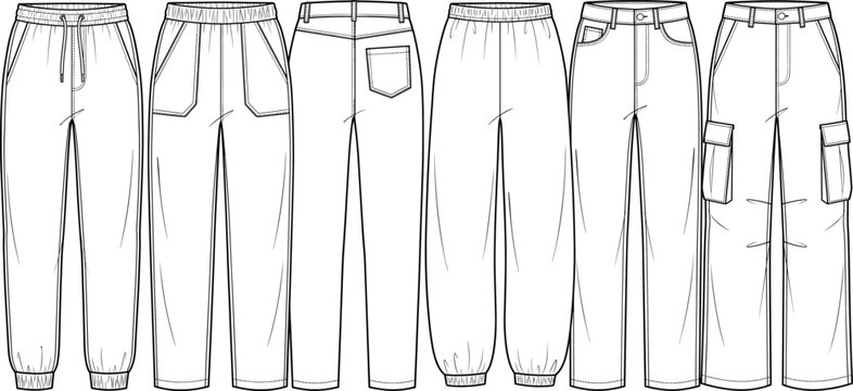 Collection of technical fashion flat sketches featuring men and women joggers cargo pants trousers and sweatpants for apparel design development