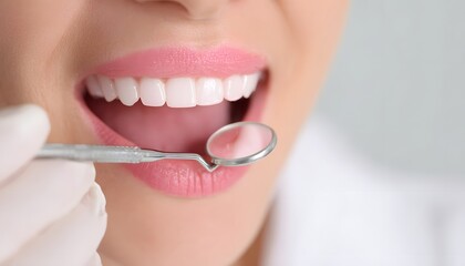 Fototapeta premium A close-up of a smiling patient at a dental checkup, showcasing healthy teeth and a dental mirror being used by a dentist for an examination. Promotes dental care and hygiene.