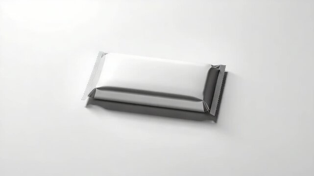 Silver metallic snack bar wrapper minimal tabletop white sealed rectangular packaging minimal