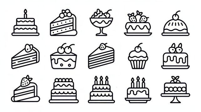 Set of sixteen hand drawn birthday cakes with colorful decorations and candles