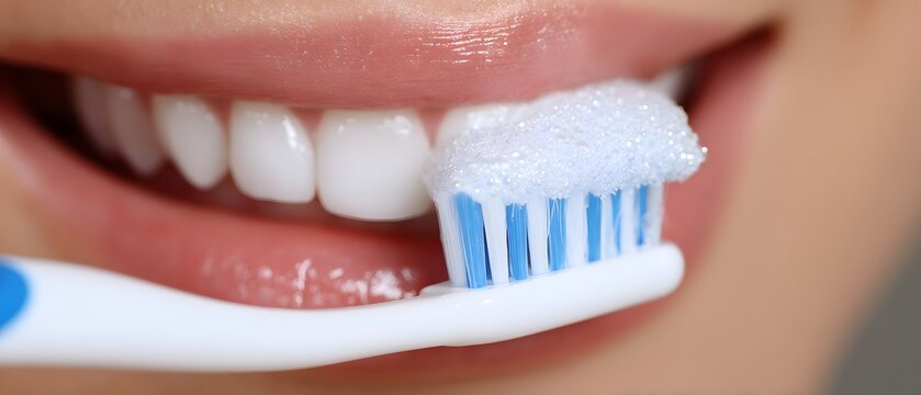 A close-up view of a smiling person brushing their teeth with a toothbrush. Bubbles of toothpaste highlight the importance of oral hygiene for healthy teeth and a bright smile.