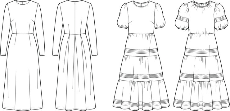 Women's Fashion Technical Sketch of Simple Long Sleeve Midi Dress and Puff Sleeve Tiered Pintuck Midi Dress Vector Illustrations Pack