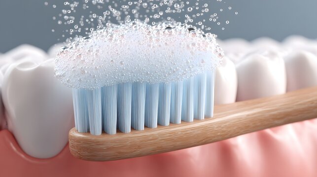 A close-up view of a wooden toothbrush applying foam on healthy teeth, symbolizing dental care and hygiene practices for a bright smile and oral health.