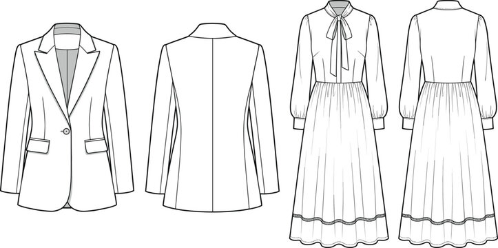 Women's Formal Blazer And Long Sleeve Bow Tie Dress Flat Vector Technical Sketch Template For Fashion Design And Apparel Manufacturing
