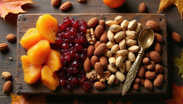 Dried fruits like apricots and cranberries with nuts almonds pistachios walnuts arranged on wooden board. Autumn leaves scattered around for seasonal decor. Healthy snack.