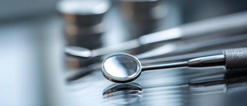 A close-up view of dental tools, including a mirror and explorer, resting on a reflective surface. Ideal for showcasing dental hygiene, care, and dental practice environments.