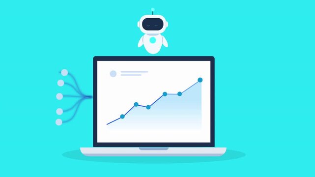 Clean animated video of an AI robot hovering above a laptop with a rising data chart and image icon, representing media data analytics, content management, digital assets, and automation.