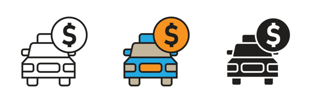 Car with Dollar Sign. Professional car icon with a dollar coin symbol illustrating vehicle costs, automotive financial services, taxi fares, and car sales.