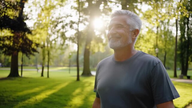 Happy senior man walking in a sunlit park, enjoying nature and the outdoors. Represents wellness, vitality, and the joy of life in later years