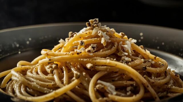 Spaghetti pasta garlic olive oil pecorino. golden rustic creamy aglio olio with cracked pepper