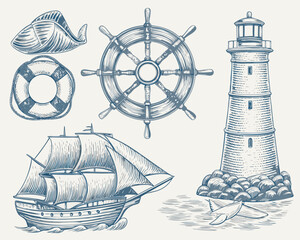 Maritime illustrations with ship wheel lighthouse and sailing vessel © Bablu
