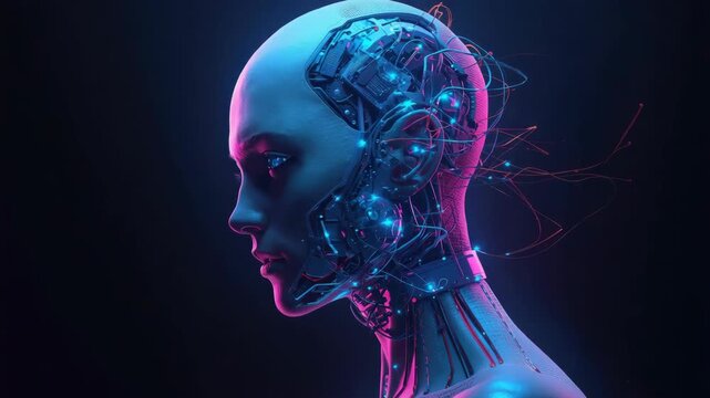 Futuristic female android cyborg profile with exposed circuitry, glowing neon wires and moody