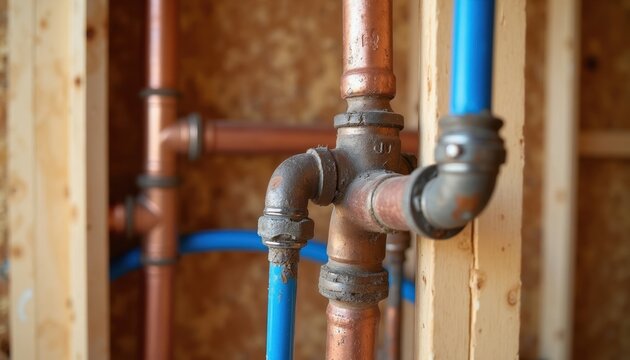 Building frame with copper and blue PEX pipes, water system installation. Unfinished interior wall shows plumbing work, construction detail, and development in home.