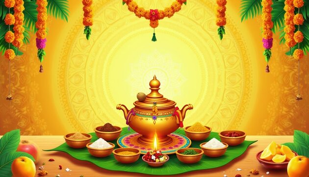 Golden pot with offerings centered, surrounded by spices and fruits. Bright yellow background with floral garlands and leaf decorations. Ugadi festival symbols present.