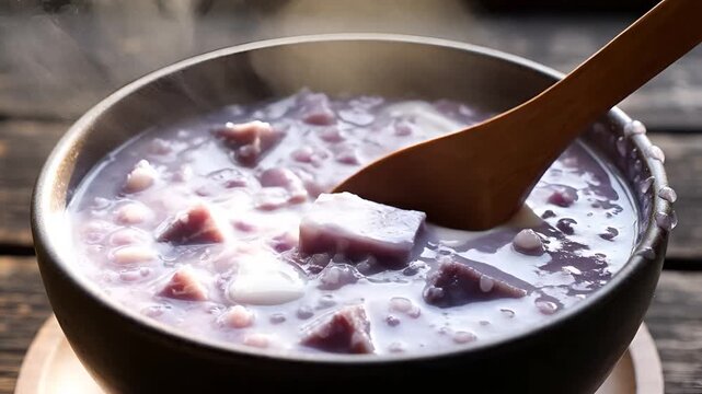 Steaming Bowl of Purple Sweet Potato Soup with Coconut Milk.