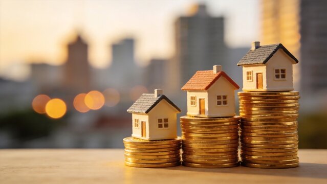 Miniature houses on stacked coins