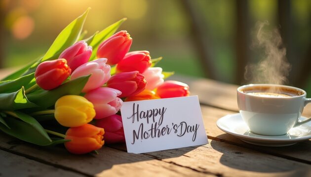 Colorful tulips and hot coffee steam on a wooden table outdoors. A Happy Mothers Day card sits by the flowers. Morning sunlight creates a warm ambiance for celebration.