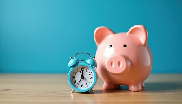 Pink piggy bank beside blue alarm clock. Time is money concept, financial planning, saving money, investment growth, interest, budget. Compound interest, future wealth accumulation.