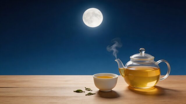 Tea set on wooden table under moonlight