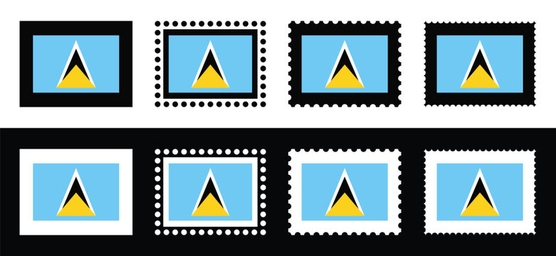 National flag of Saint Lucia stamp collection in flat and dotted frame isolated on black and white.