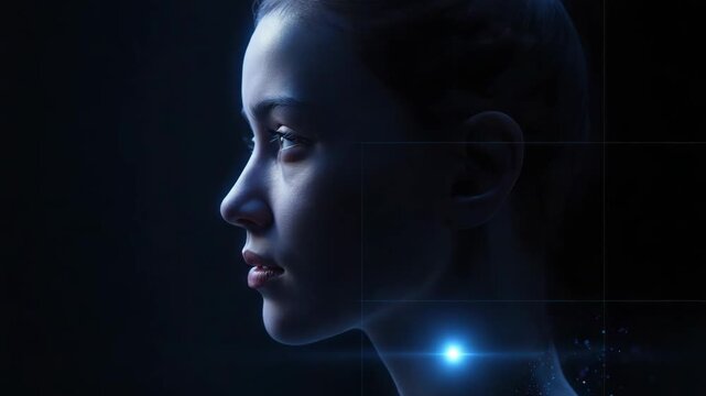 Futuristic female profile glowing particles blue light digital starfield contemplative portrait