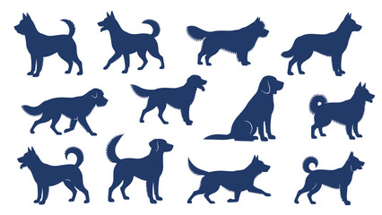 Fototapeta premium Silhouettes of different dog breeds in dark blue arranged in rows showing various sizes and postures of canine companions.