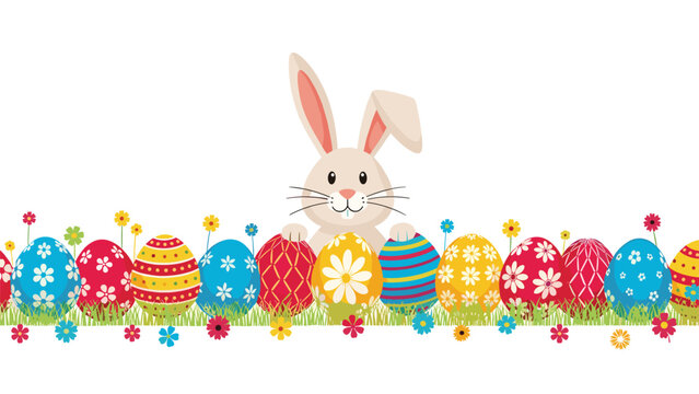 Adorable easter bunny character peeking over a row of brightly colored decorated eggs sitting in green grass with flowers.