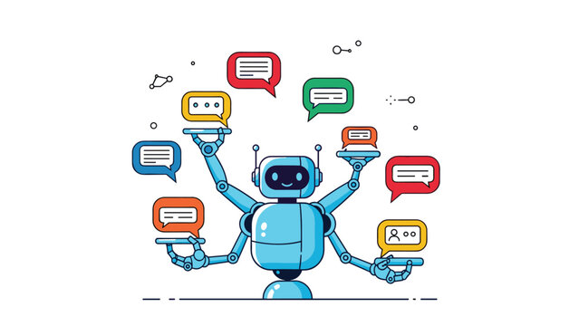 Multi-armed blue robot multitasking and managing multiple colorful chat speech bubbles representing artificial intelligence customer service.