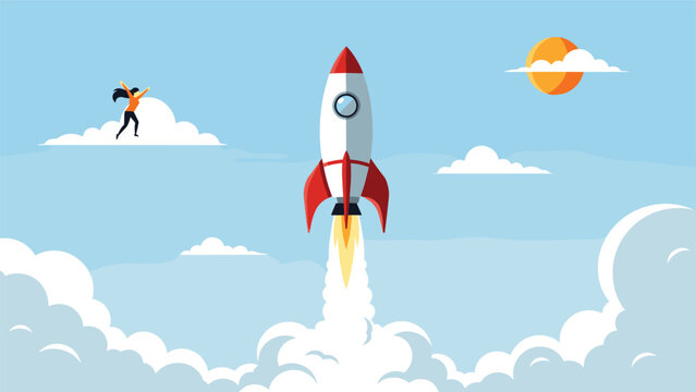 Large rocket ship blasting off from a bed of white clouds into a blue sky with a sun and a small figure jumping for joy.