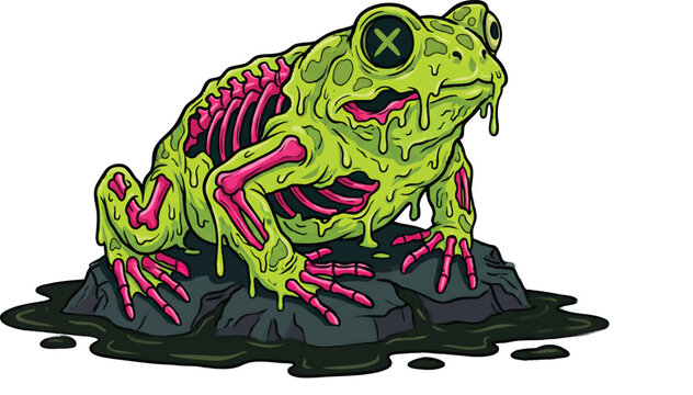 Radioactive Zombie Frog Vector Illustration with Neon Skeleton