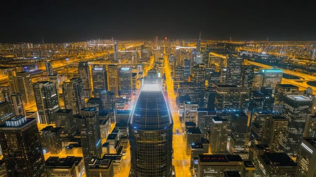 Night skyline of illuminated skyscraper avenue with glowing street grid and dramatic dusk skyline