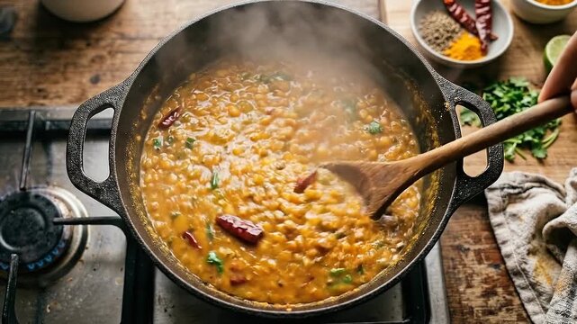 Sustainable habit change warming lentil stew simmering cast iron pot with spices and herbs rustic stove spicy lentil stew simmering with fresh herb