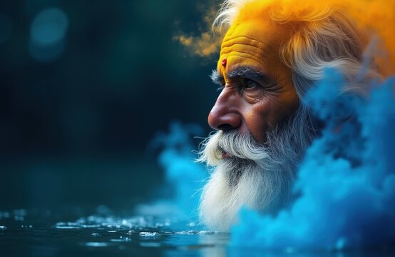 Elderly man with yellow face paint and white beard emerges from blue smoke. Traditional Indian guru or sadhu emerges from water. Mystical spiritual figure with weathered skin, looking forward.