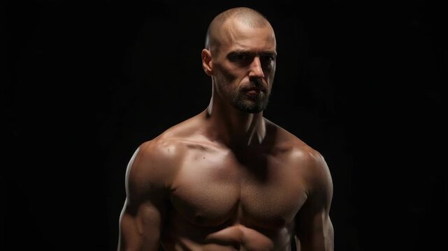 Muscular bald man muscular male torso portrait chest shoulders intense expression dramatic low key