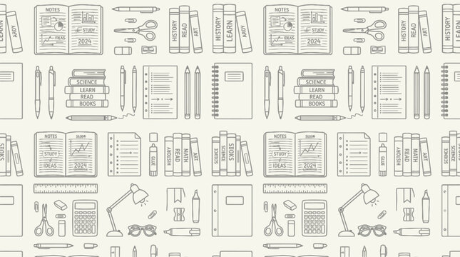 Seamless hand-drawn stationery pattern with office supplies illustrations.