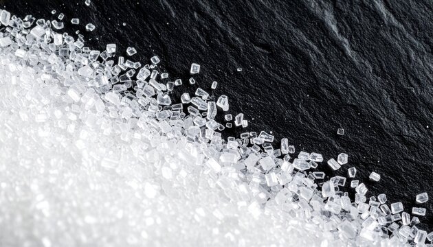 Close-up of white sea salt crystals on dark stone background with copy space