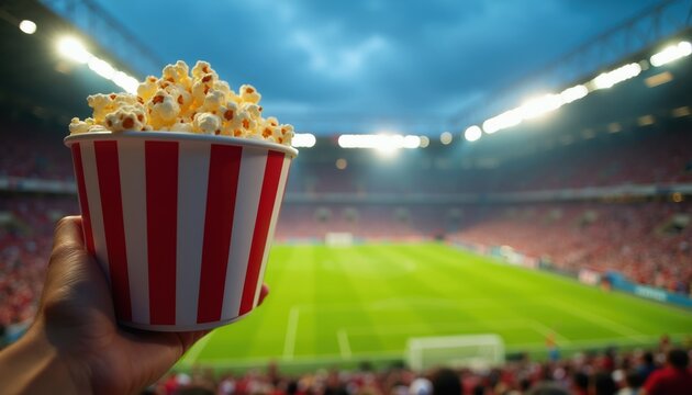 Hand holds popcorn bucket in stadium. Blurred crowd watches soccer match under stadium lights. Spectator enjoys snack during game. Fun entertainment at sporting event.