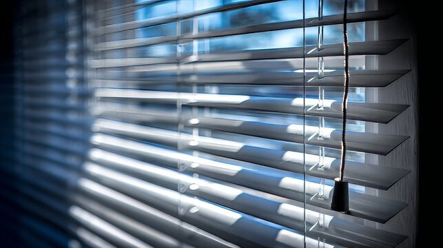 Close-up shots of window blinds with a pull cord, where slight damage creates striking light and shadow effects.