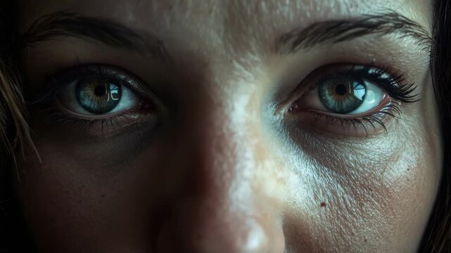 Close up portrait of tired female eyes and skin texture with green eye detail and moody cinematic