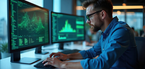 Fototapeta premium Young man analyzes complex data charts on multiple computer screens. He types on keyboard working in modern office environment with blue light effect. Analyst views graphs.