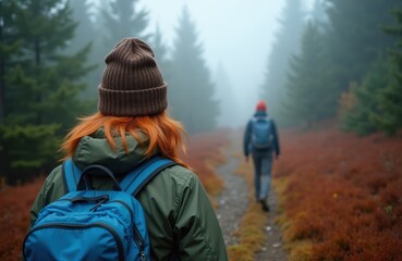 Fototapeta premium Two hikers walk on foggy forest trail with red-brown ground cover. One person wears brown hat, backpack, another walks ahead on path. Coniferous trees, autumn foliage surround. Outdoor adventure in