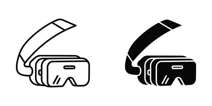 Virtual reality headset icons set including line and solid black styles for digital technology design