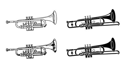 Set of trumpet and trombone musical instrument graphics in black and white vector style © Neoviz Studio