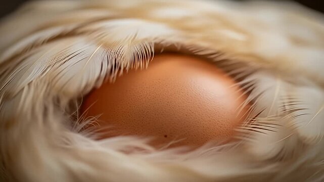 Egg nestled in a bed of soft, cream-colored feathers, showcasing its subtle texture