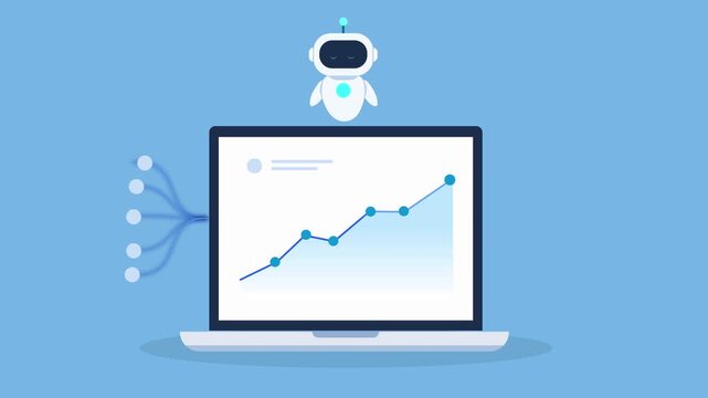 Clean animated video of an AI robot hovering above a laptop with a rising data chart and bank building icon, representing banking systems, financial analytics, institutional data, and business automat