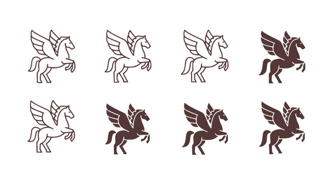 Collection of pegasus winged horse icons in silhouette and outline on brown background vector