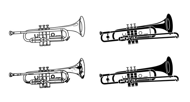 Set of trumpet and trombone musical instrument graphics in black and white vector style
