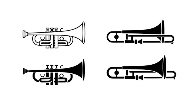 Set of trumpet and trombone musical instrument icons in black and white vector art