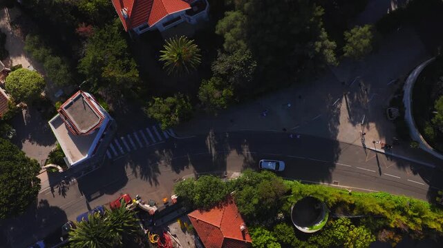 Aerial top down view in Antibes, France shows terracotta roofs, a palm, circular stone structure, white car driving, red service vehicle, and long late day shadows.